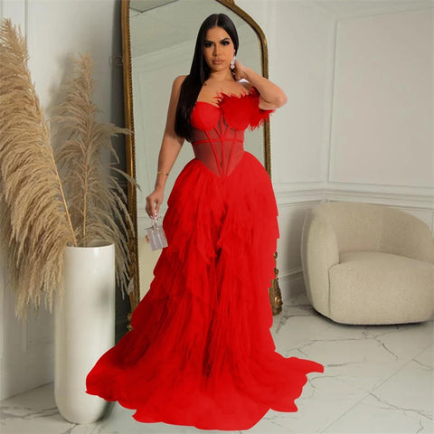 New Fashion Sleeveless Wrapped Chest Mesh Open Back Fishbone Perspective Long Dress CODE: KAR3383