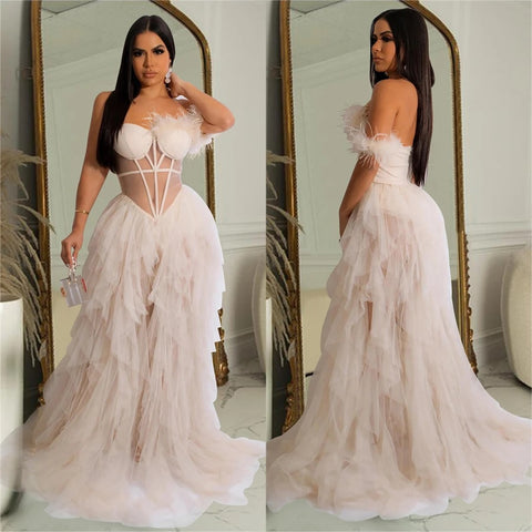 New Fashion Sleeveless Wrapped Chest Mesh Open Back Fishbone Perspective Long Dress CODE: KAR3383