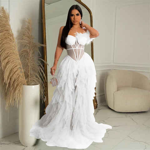 New Fashion Sleeveless Wrapped Chest Mesh Open Back Fishbone Perspective Long Dress CODE: KAR3383