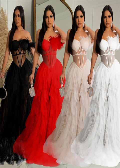 New Fashion Sleeveless Wrapped Chest Mesh Open Back Fishbone Perspective Long Dress CODE: KAR3383