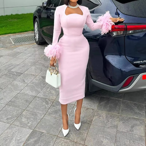 New Arrival Sexy High Waisted Long Sleeve Feather Trim Split Bandage Dress CODE: KAR3401