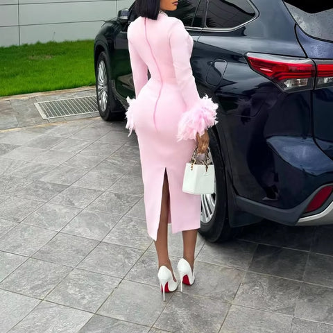 New Arrival Sexy High Waisted Long Sleeve Feather Trim Split Bandage Dress CODE: KAR3401