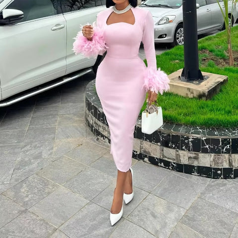 New Long Sleeve Feather Trim Split Bandage Dress CODE: READY1483