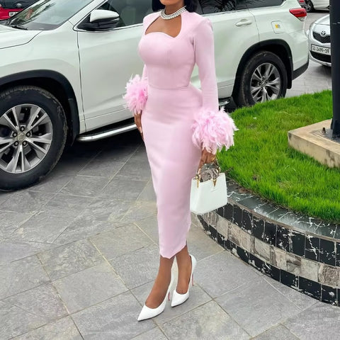 New Arrival Sexy High Waisted Long Sleeve Feather Trim Split Bandage Dress CODE: KAR3401