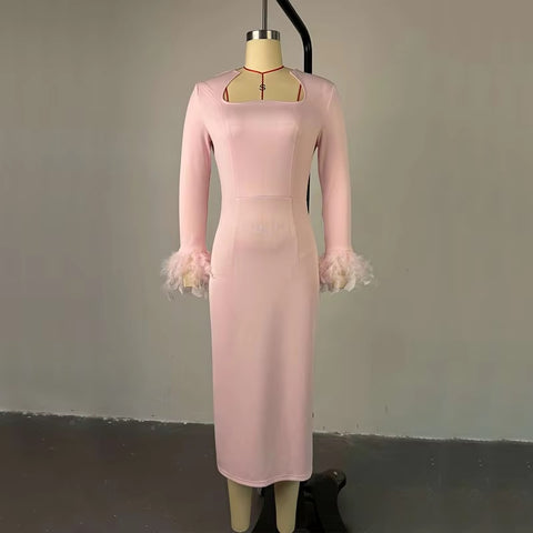New Long Sleeve Feather Trim Split Bandage Dress CODE: READY1483