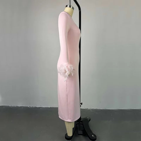 New Arrival Sexy High Waisted Long Sleeve Feather Trim Split Bandage Dress CODE: KAR3401