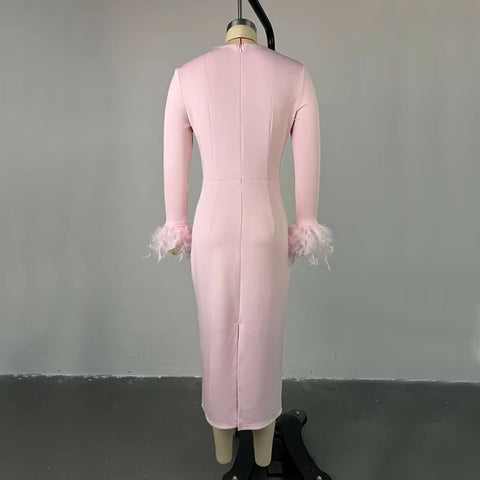 New Long Sleeve Feather Trim Split Bandage Dress CODE: READY1483