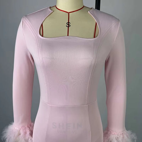New Arrival Sexy High Waisted Long Sleeve Feather Trim Split Bandage Dress CODE: KAR3401