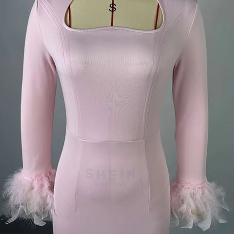 New Arrival Sexy High Waisted Long Sleeve Feather Trim Split Bandage Dress CODE: KAR3401