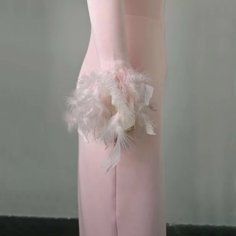 New Arrival Sexy High Waisted Long Sleeve Feather Trim Split Bandage Dress CODE: KAR3401
