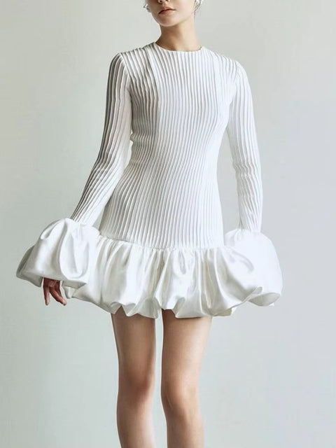 New Patchwork Ruffles Knitting Round Neck Flare Sleeve High Waist Solid A Line Dress CODE: KAR3415