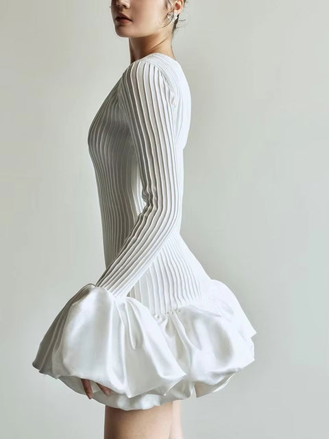 New Patchwork Ruffles Knitting Round Neck Flare Sleeve High Waist Solid A Line Dress CODE: KAR3415