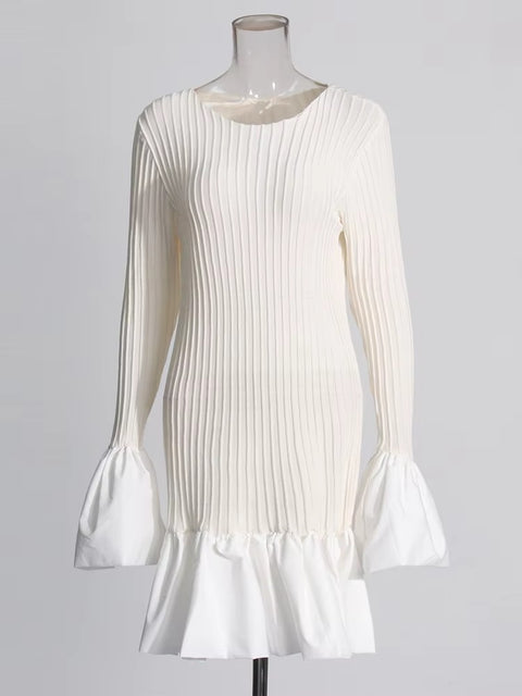 New Patchwork Ruffles Knitting Round Neck Flare Sleeve High Waist Solid A Line Dress CODE: KAR3415