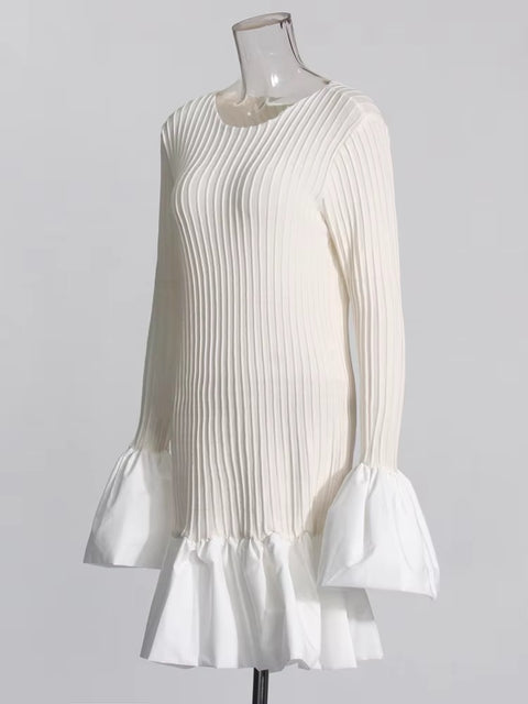 New Patchwork Ruffles Knitting Round Neck Flare Sleeve High Waist Solid A Line Dress CODE: KAR3415