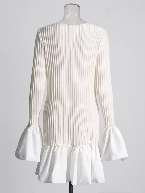 New Patchwork Ruffles Knitting Round Neck Flare Sleeve High Waist Solid A Line Dress CODE: KAR3415