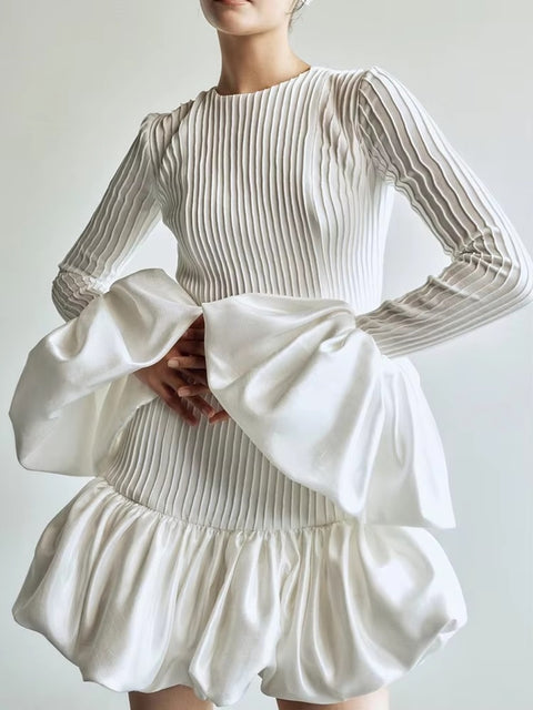 New Patchwork Ruffles Knitting Round Neck Flare Sleeve High Waist Solid A Line Dress CODE: KAR3415