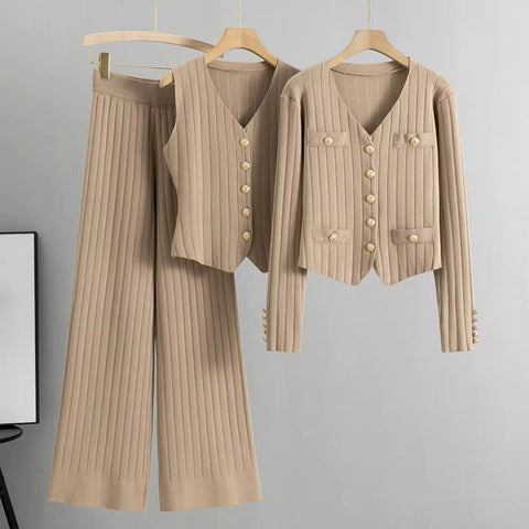 New V Neck Single-breasted Waistcoat Elastic Waist Wide Leg Long Trouser 3 Pcs Set CODE: KAR3435