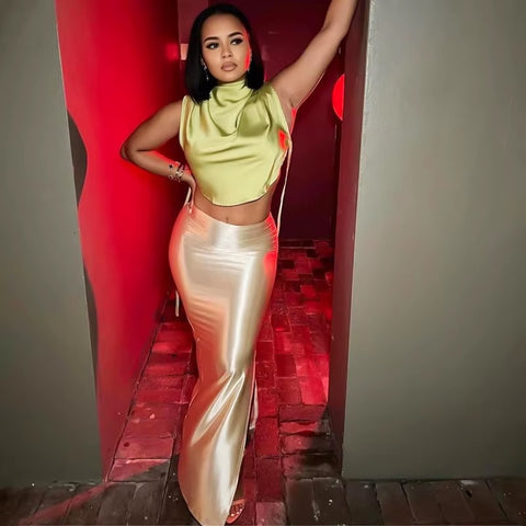 New Stain Long Solid Elegant High Waist Side Split Maxi Skirts CODE: KAR3437