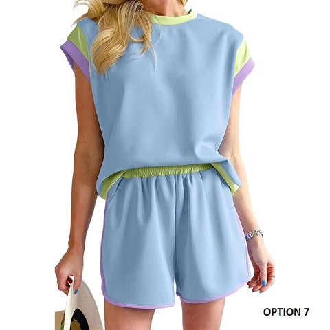 New Summer Patchwork Versatile Loose Casual Elastic Wasit T-shirt And Shorts Set CODE: KAR3449