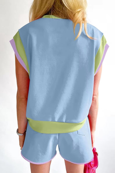 New Summer Patchwork Versatile Loose Casual Elastic Wasit T-shirt And Shorts Set CODE: KAR3449
