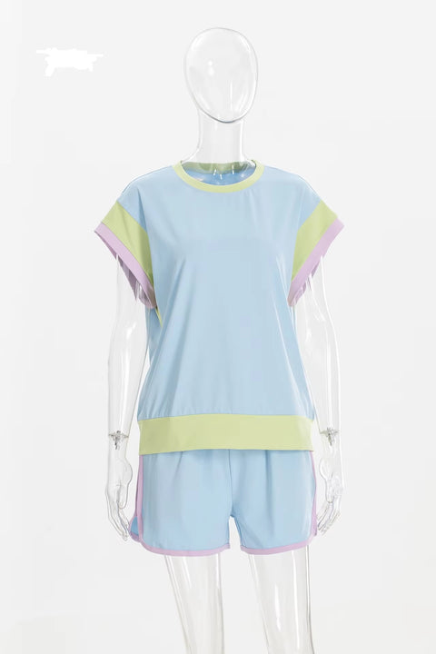 New Summer Patchwork Versatile Loose Casual Elastic Wasit T-shirt And Shorts Set CODE: KAR3449