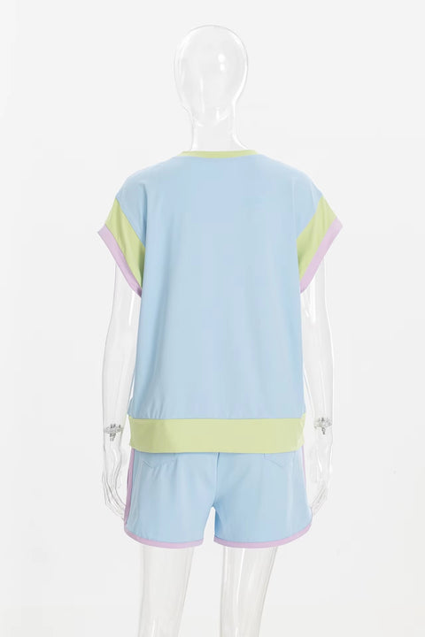 New Summer Patchwork Versatile Loose Casual Elastic Wasit T-shirt And Shorts Set CODE: KAR3449
