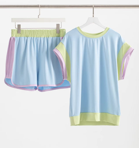 New Summer Patchwork Versatile Loose Casual Elastic Wasit T-shirt And Shorts Set CODE: KAR3449