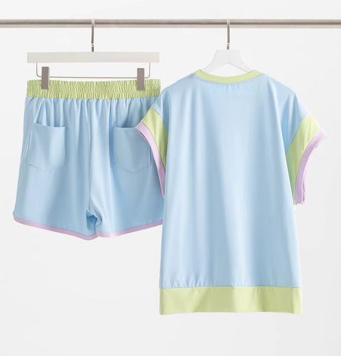 New Summer Patchwork Versatile Loose Casual Elastic Wasit T-shirt And Shorts Set CODE: KAR3449