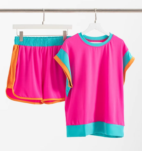 New Summer Patchwork Versatile Loose Casual Elastic Wasit T-shirt And Shorts Set CODE: KAR3449