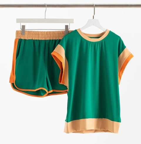 New Summer Patchwork Versatile Loose Casual Elastic Wasit T-shirt And Shorts Set CODE: KAR3449