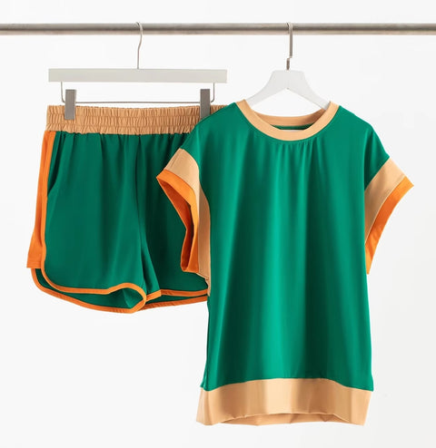 New Summer Patchwork Versatile Loose Casual Elastic Wasit T-shirt And Shorts Set CODE: KAR3449