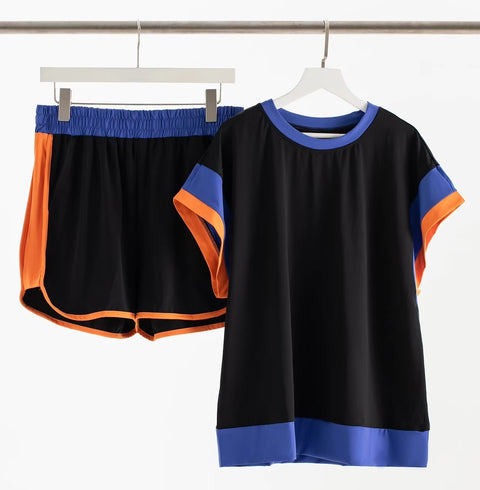 New Summer Patchwork Versatile Loose Casual Elastic Wasit T-shirt And Shorts Set CODE: KAR3449