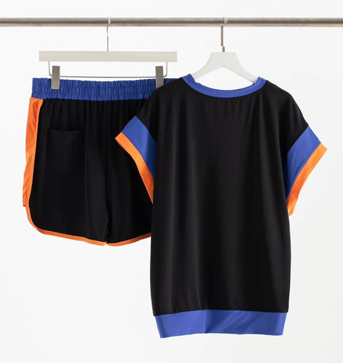 New Summer Patchwork Versatile Loose Casual Elastic Wasit T-shirt And Shorts Set CODE: KAR3449