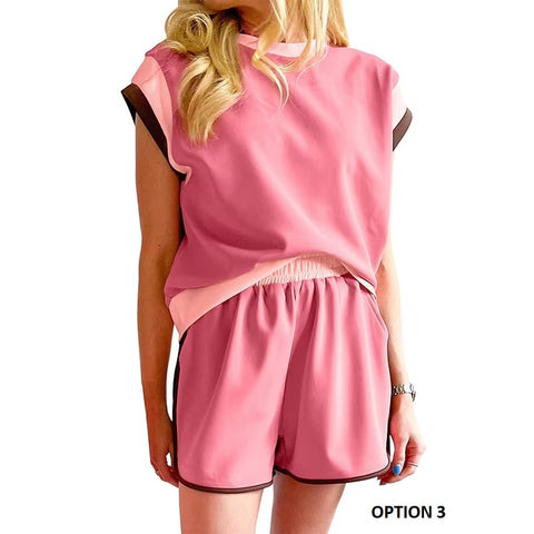 New Summer Patchwork Versatile Loose Casual Elastic Wasit T-shirt And Shorts Set CODE: KAR3449