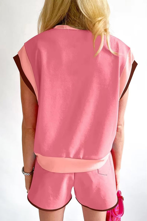 New Summer Patchwork Versatile Loose Casual Elastic Wasit T-shirt And Shorts Set CODE: KAR3449