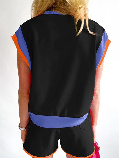 New Summer Patchwork Versatile Loose Casual Elastic Wasit T-shirt And Shorts Set CODE: KAR3449