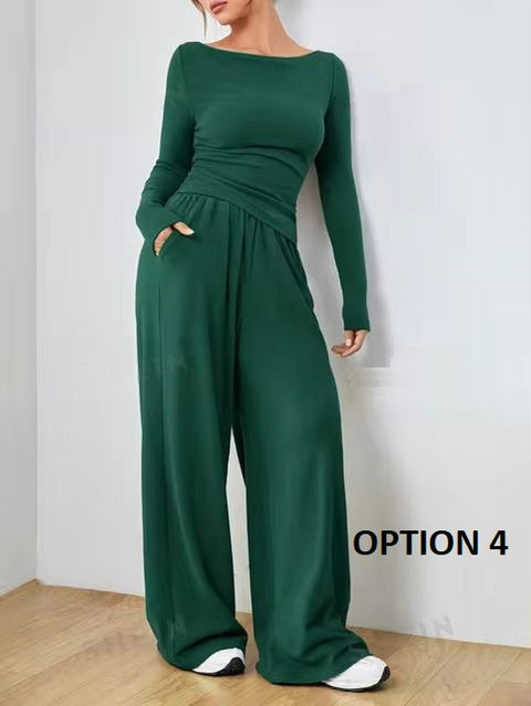 New Autumn O Neck Long Sleeve Slim Tops Trousers Two Piece Set CODE: KAR3452