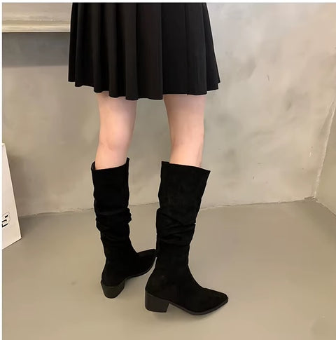 New Autumn Casual Slip on Pointed Toe Square High Heels Long Boots CODE: KAR3456