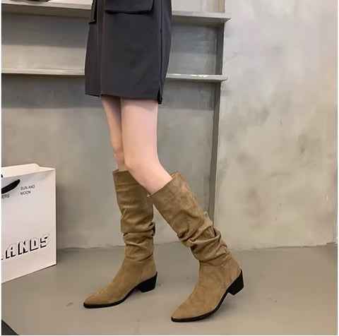 New Autumn Casual Slip on Pointed Toe Square High Heels Long Boots CODE: KAR3456
