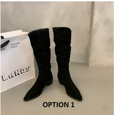 New Autumn Casual Slip on Pointed Toe Square High Heels Long Boots CODE: KAR3456