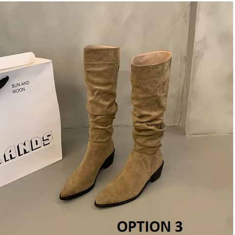 New Autumn Casual Slip on Pointed Toe Square High Heels Long Boots CODE: KAR3456