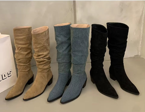 New Autumn Casual Slip on Pointed Toe Square High Heels Long Boots CODE: KAR3456