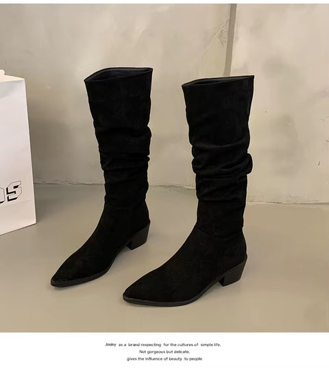 New Autumn Casual Slip on Pointed Toe Square High Heels Long Boots CODE: KAR3456