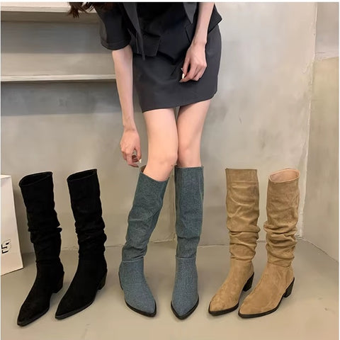 New Autumn Casual Slip on Pointed Toe Square High Heels Long Boots CODE: KAR3456