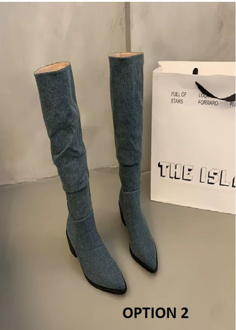 New Autumn Casual Slip on Pointed Toe Square High Heels Long Boots CODE: KAR3456