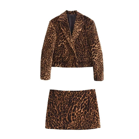 New Leopard Print Single Breasted Notched Short Coat Mini Skirt 2 Piece Set CODE: KAR3463