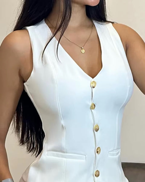 New Slim Fit V Neck Sleeveless Single Breasted Vest Short Set CODE: KAR3465