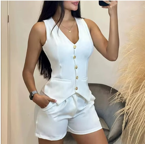 New Slim Fit V Neck Sleeveless Single Breasted Vest Short Set CODE: KAR3465