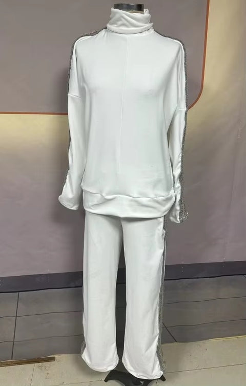 New Elegant Sequins Splice Tops Turtleneck Loose Fit Straight Two Piece Set CODE: KAR3473