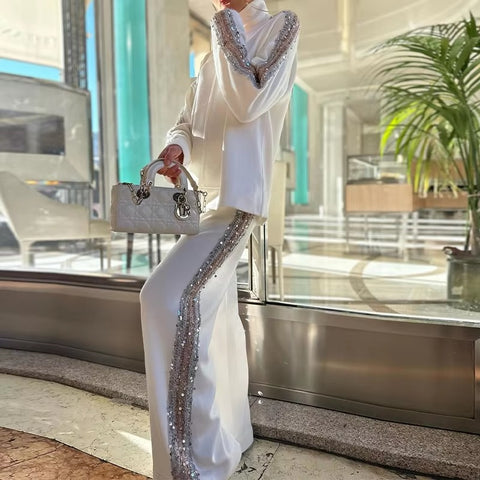 New Elegant Sequins Splice Tops Turtleneck Loose Fit Straight Two Piece Set CODE: KAR3473